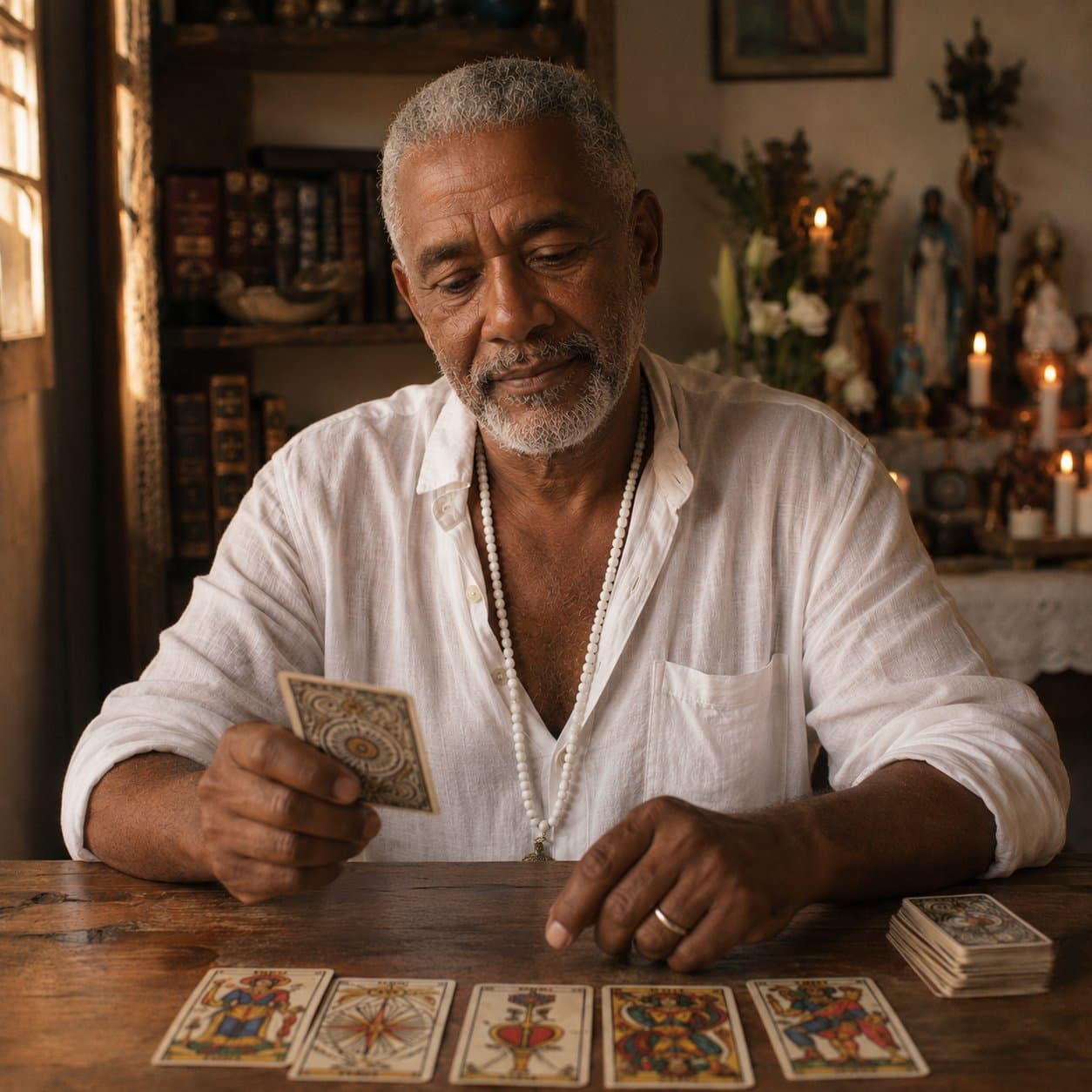 Pai João virando uma carta do tarô de Marselha